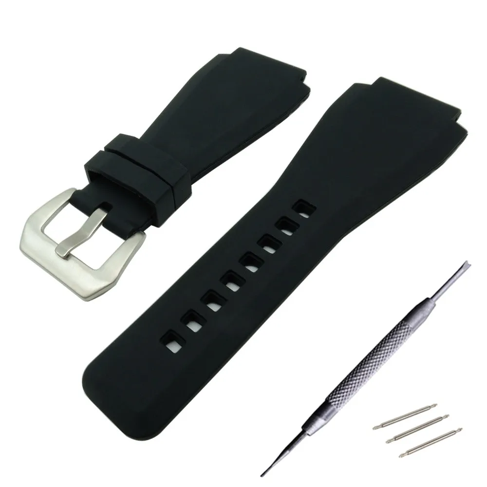 24 X 34mm Black Rubber Leather Watch Band Strap for Bell for Ross BR-01 and BR-03 DIY Replace Black / Silver Buckle