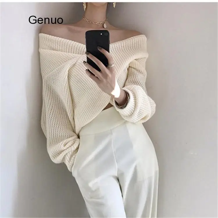 2021 Winter Spring Women Pullover V-Neck Sexy Off Shoulder Sweater Knitted Stylish Casual Korean Lady Jumpers