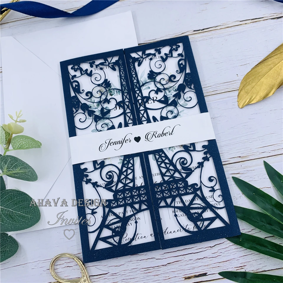 

Laser cut Navy Paris Quinceanera Invite, Tower invitation For Wedding, 15th Birthday, Sweet16