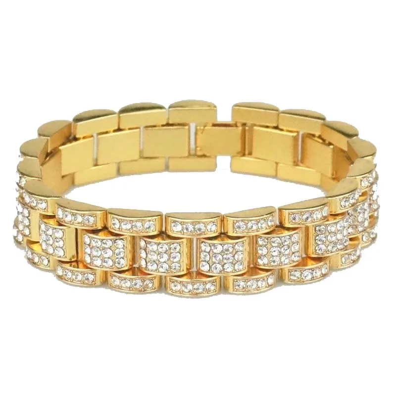 Bling 15mm 20cm Golden Silver Color Bracelet Hip Hop Mens Rhinestone Watchband Chain Tank Bangles For Boys Grils Hand Jewelry