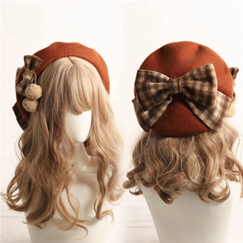 Winter women\'s hat cute beret female British fashion retro big bow plaid artist hat female newsboy hat wholesale