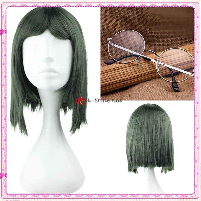 Anime The Promised Neverland Gilda Short Green Cosplay Wig With Glasses Heat Resistant Synthetic Hair Wigs + Wig Cap