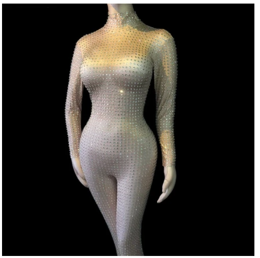 Sexy Skinny Crystals Mesh Bodysuit Bling Rhinestones Jumpsuit Lady Singer Dancer Luxury Costume Party Celebration DS Stage Wear