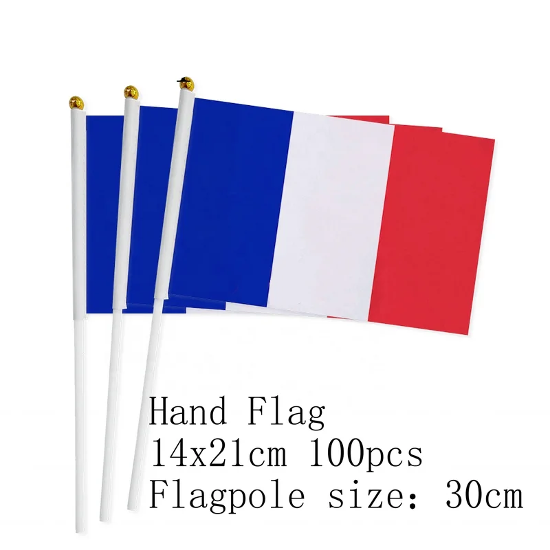 

zwjflagshow France Hand Flag 14*21cm 100pcs polyester France Small Hand waving Flag with plastic flagpole for decoration