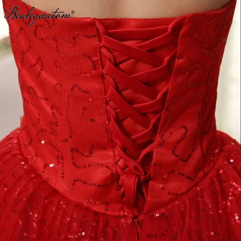 Bealegantom marfim vermelho tule vestido de baile quinceanera vestidos beading cristal aniversário doce 16 prom festa arco robe de bal