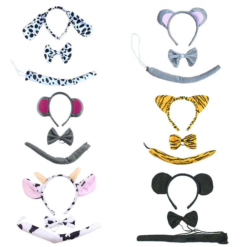 Kids Dog Animal Ears Headband Fancy Mouse Tiger Ear Tie Tail Set Children Party Gift Props Baby Shower Cosplay Halloween Costume