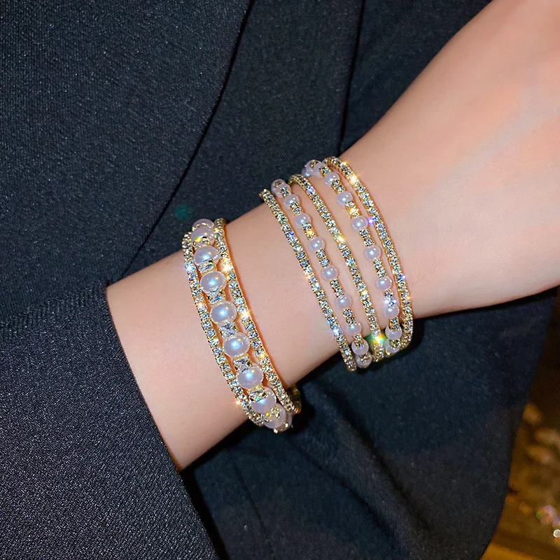 FYUAN Geometric Multilayer Rhinestones Bracelet & Bangles For Women Pearl Cuff Bracelets Weddings Jewelry