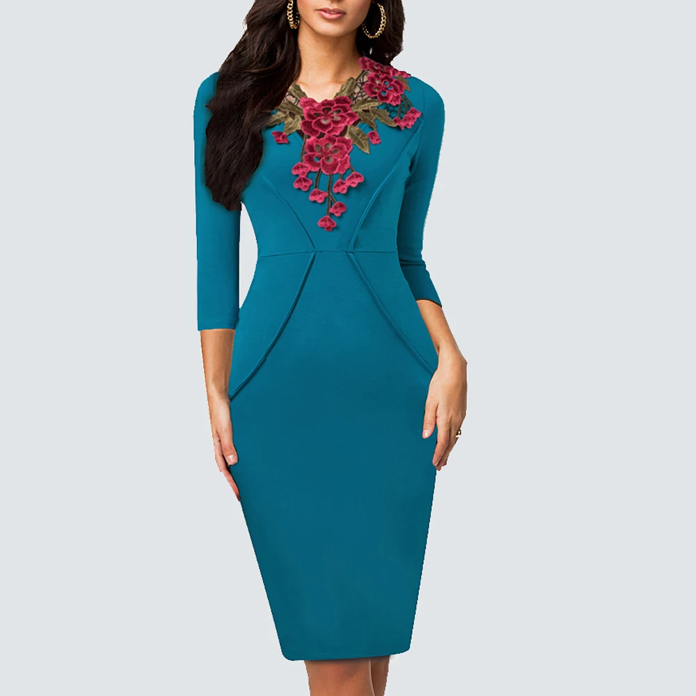 Women Stylish Vintage Applique Embroidery Elegant Crochet Work Office Business Sheath Slim Bodycon Pencil Ladies Dresses HB330