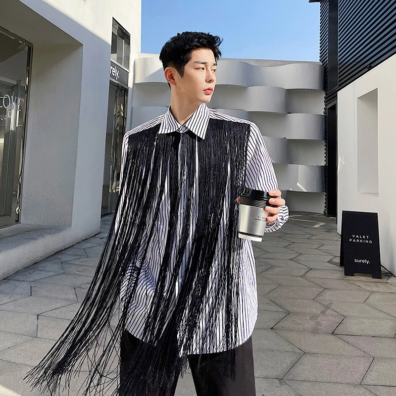 Men's Tassel Fashion Long Sleeve Loose Casual Striped Shirts Tops Man Streetwear Vintage Shirt Stage Clothing for male