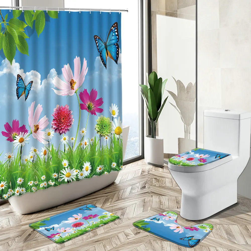 Pastoral Natural Scenery Shower Curtain Butterfly Flower Green Plant Spring View Bathroom Decor Rug Toilet Cover Bath Mat Set