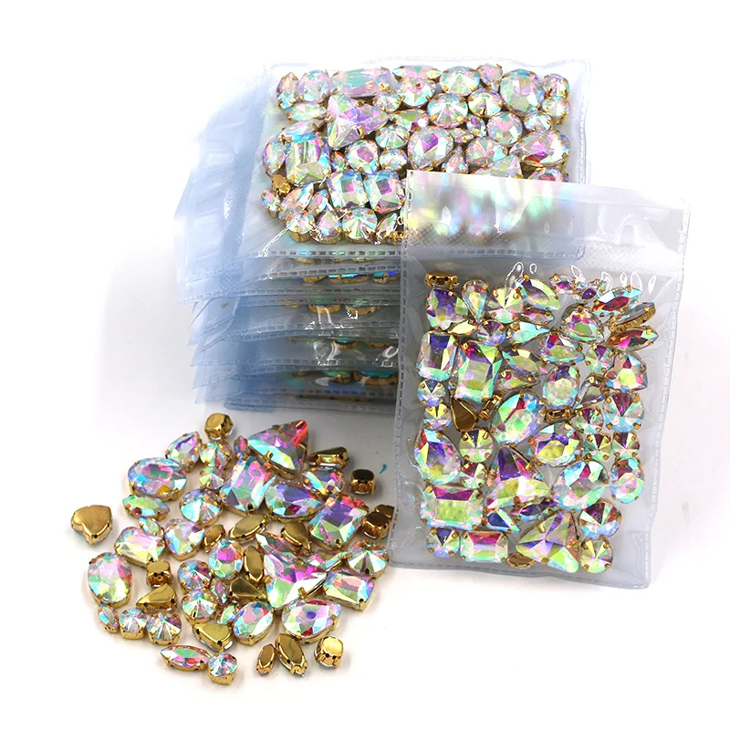 Hot sale Wholesale 5 bags mixed shape sew on glass crystal AB gold base rhinestones diy dress/Clothing accessories