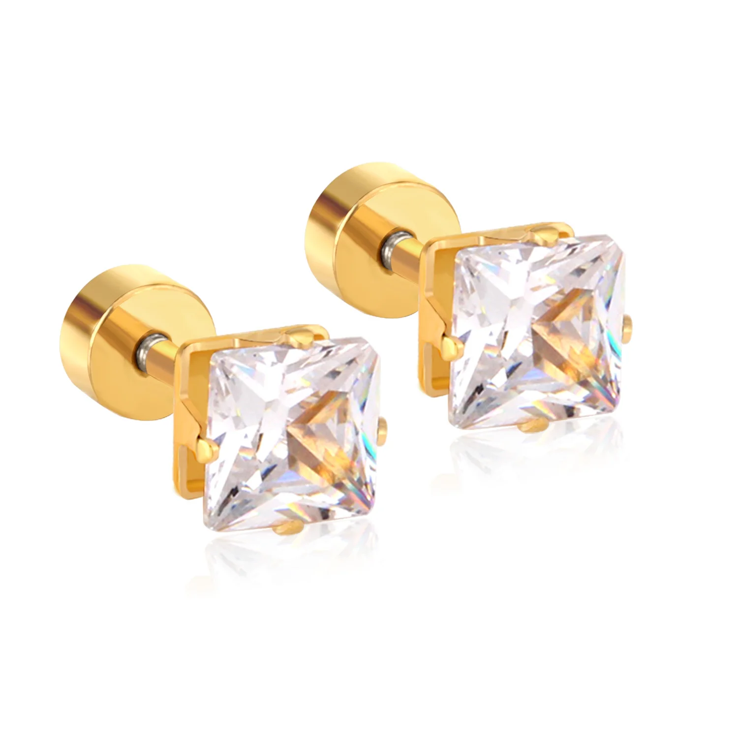LUXUSTEEL 3mm to 7mm Geometry Square Clear CZ Cubic Zirconia Earrings With Small Stainless Steel Golden Screw Stud Earrings