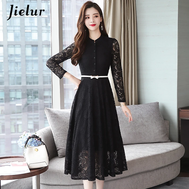 Jielur-Vestido Trompete Feminino com Renda O Pescoço, Vestido Manga Longa, Coreano, Magro, Sexy, Elegante, Escritório, Moda Outono, M-3XL, Novo