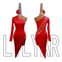 Vestido de baile latino personalizado para adultos, traje de competición, rojo, ahuecado, nuevo