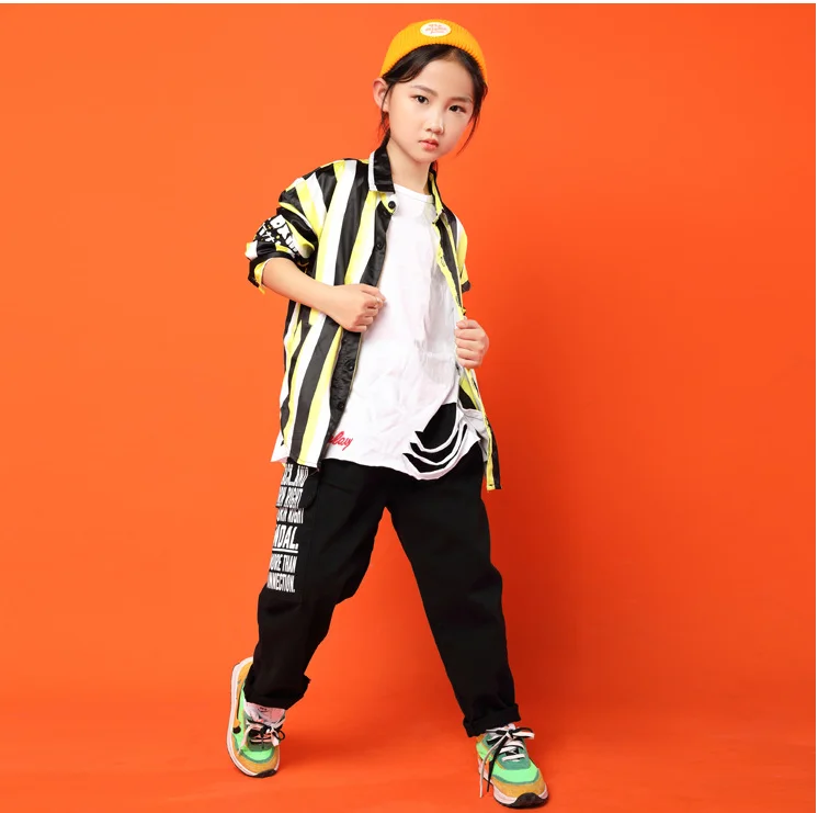 Children Cool Striped Lapel Shirt Tops Black Running Casual Hip Hop Pants Clothing for Girls Boy Jazz Dance Costume Clothes Wear