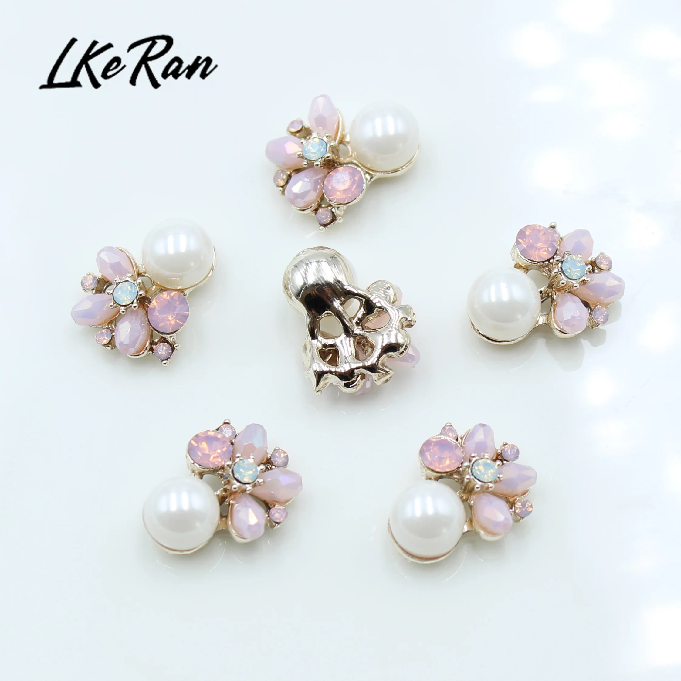 LkeRan 10pcs 15*18mm Mini Alloy Pink Crystal Pearl Buttons DIY Wedding Hair Flower Center Rhinestone Scrapbooking Accessories