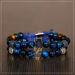 Luxury Blue Crown CZ Zircon Pave Weaving Bracelet Homme Men Women Tiger Eye Stone Beads Bracelet Dropshipping