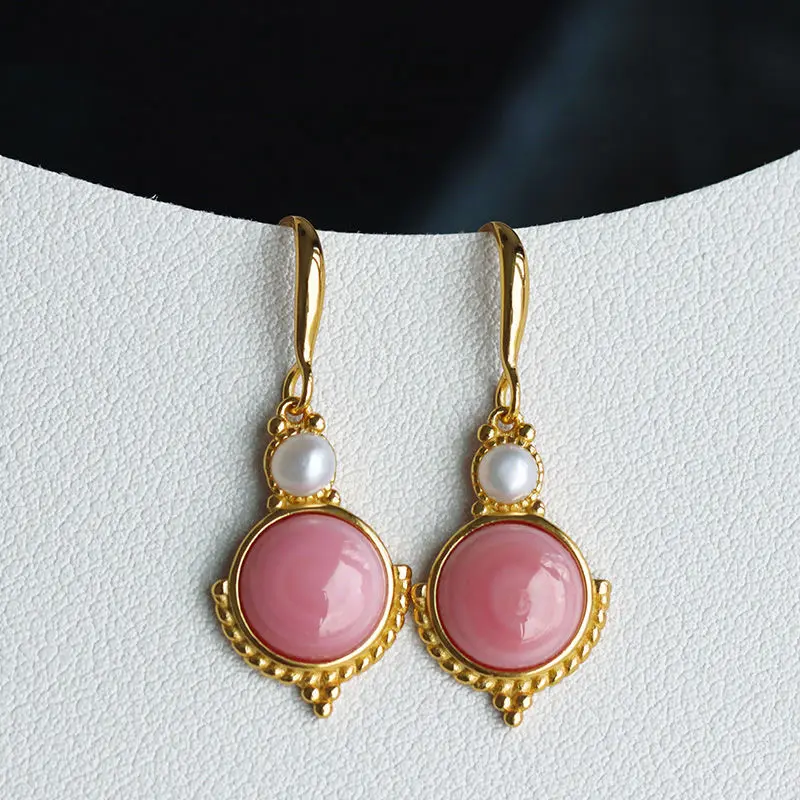 Ancient gold craftsmanship silver inlaid pink crystal round pearl long earrings gentle style luxury ladies brand jewelry