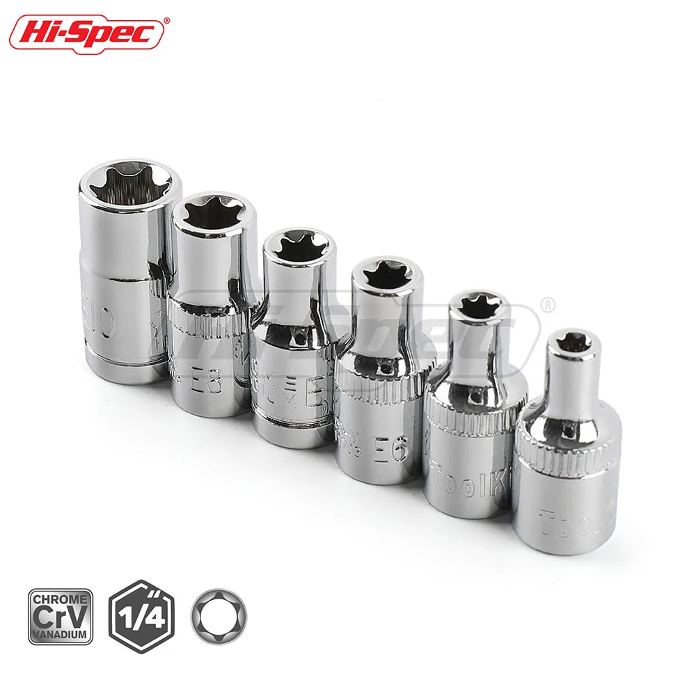 Hi-Spec 6pc 1/4 Inch(6.3mm) External Star Torx Socket Set Torx Star Bit  E4 E5 E6 E7 E8 E Socket Set Auto Repair Hand Tools Set