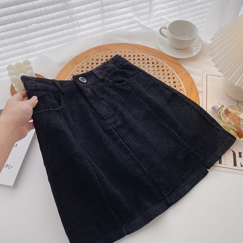 Corduroy High Waist Mini Skirts Hip-skitrt Fashion Vintage Solid All Match A Line Faldas Chic Side Slit Streetwear Leisure Ins