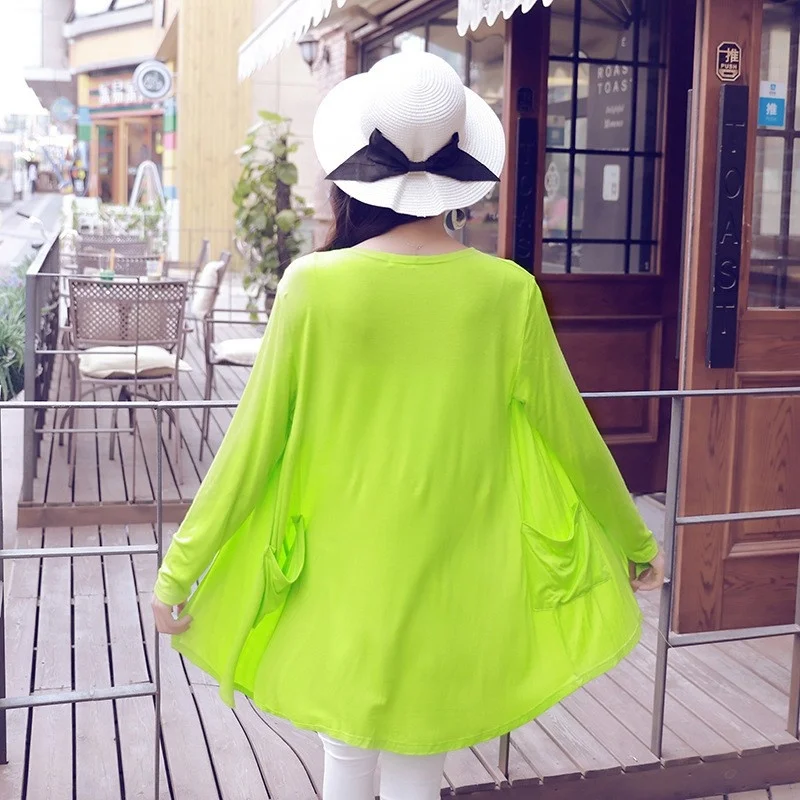 Sun Summer Protect Long Sleeve Beach T-shirt Women Cardigan Long Tees Tops Loose Fit Solid Color Big Pockets Cape T-shirts