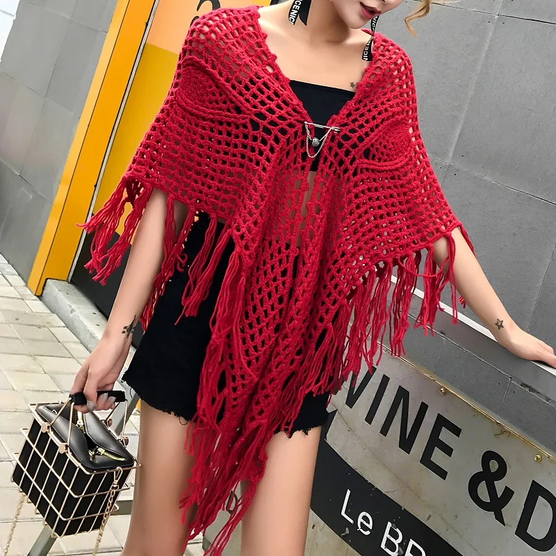 New Women Fashion Handmade Crochet Vintage Elegant Wraps All-Match Hollow Out Tassel Cotton Big Shawl Scarf Cape Outwear