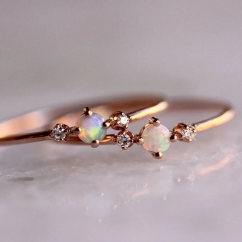 Women's Engagement Rose Gold Color Opal Rings Simple Style Finger Ring Crystal Stud Thin Hoops Hand Bands Ring Size 5 - 10