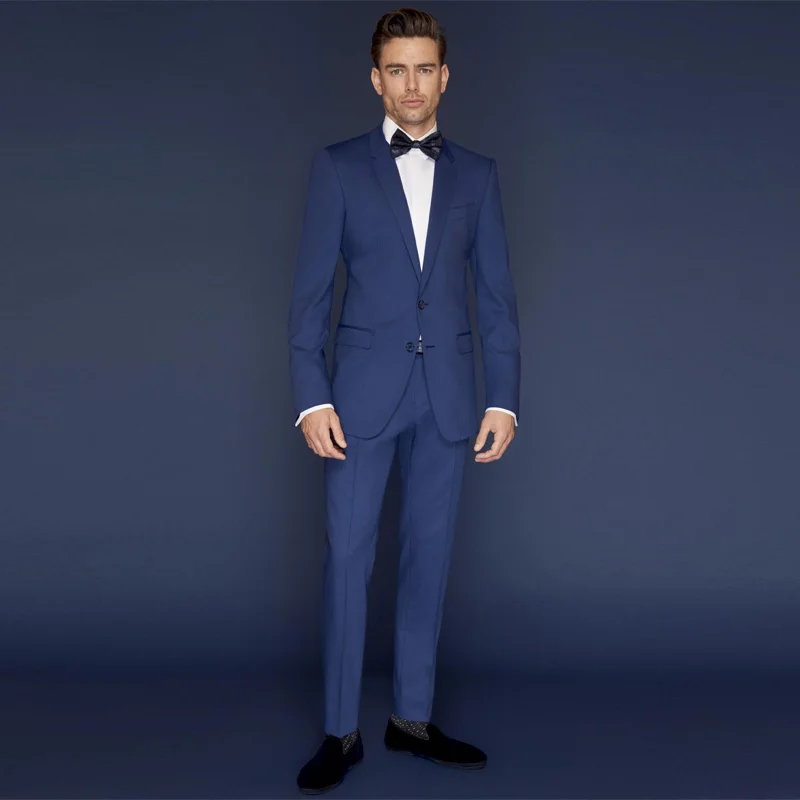 Navy Blue Slim Fit Tuxedos 2 ชิ้นNotched Lapelเจ้าบ่าวสวมใส่Custom Madeธุรกิจผู้ชายพรหมBlazerกางเกง