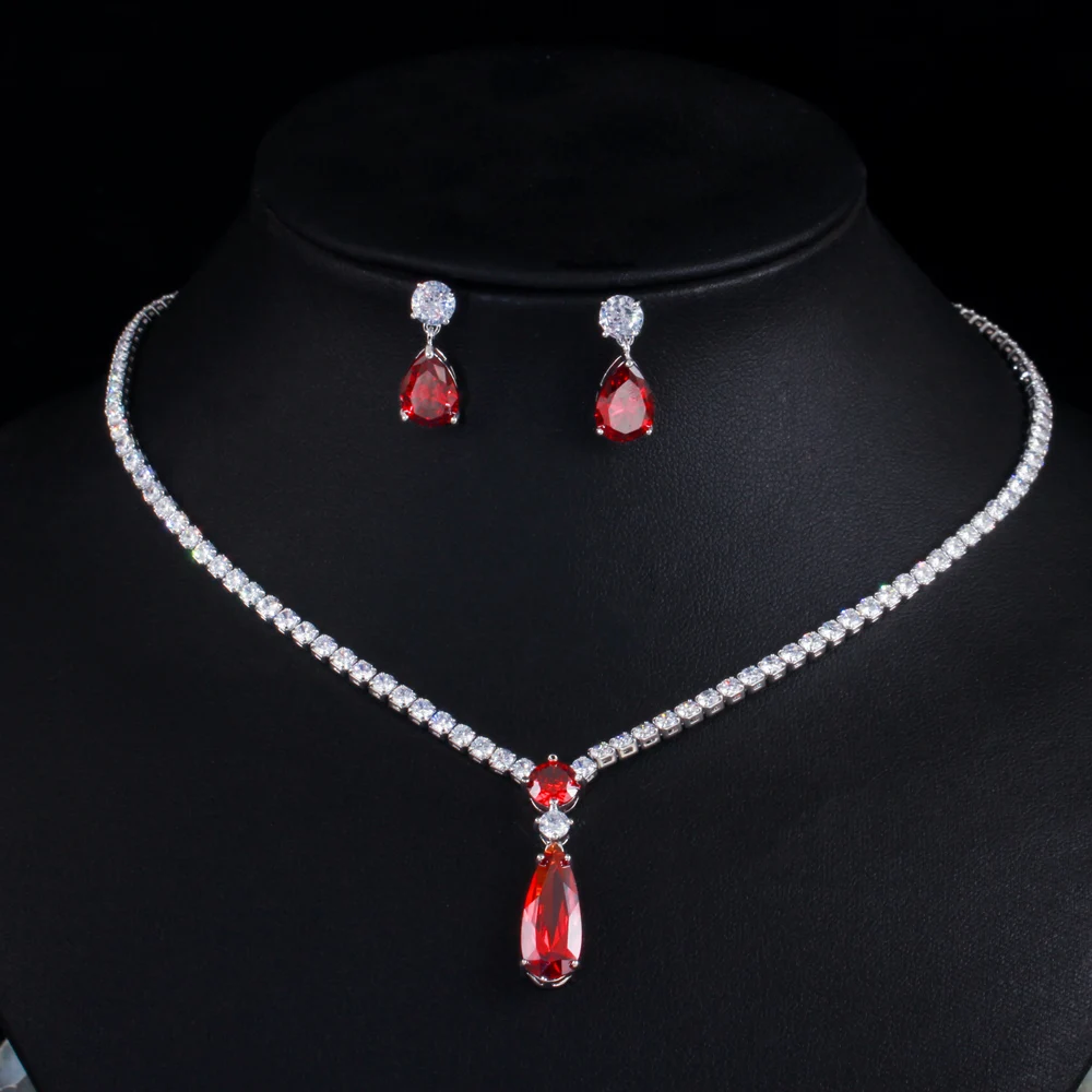 CWWZircons Top Rot-Lila Kubisches Zirkonia Wassertropfen-Design Modisches Schmuckset für Damen zur Verlobung, Party, Hochzeit, als Brautjungferngeschenk T0751 – Detail 2