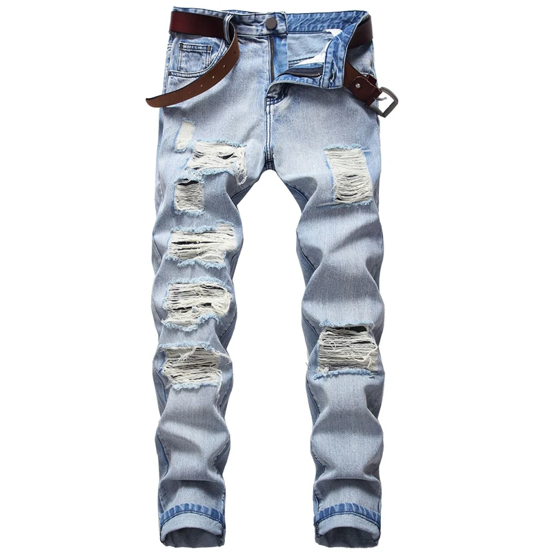 

High Quality New Men's Jeans Vintage Light Blue Damage Hole Slim Fit Motorcycle Biker Pants Skinny Cotton Denim Long Trousers