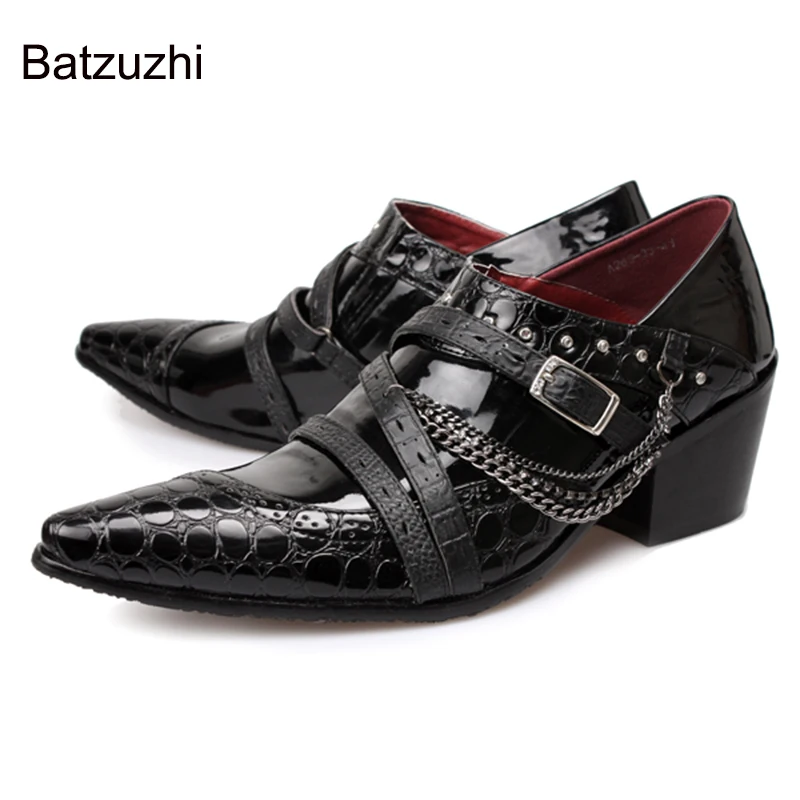 Batzuzhi Japanese Type Men's Shoes 6.5cm High Heels Black Leather Dress Shoes Men for Business/Party/Wedding Shoes with Chians