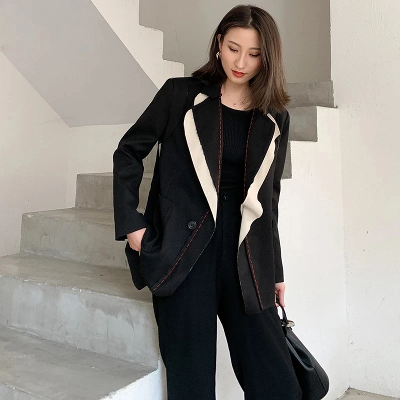 New Fashion Patchwork Hit Color Temperament Suit Outerwear Women Lapel Long Sleeve Loose Blazers Office Coat