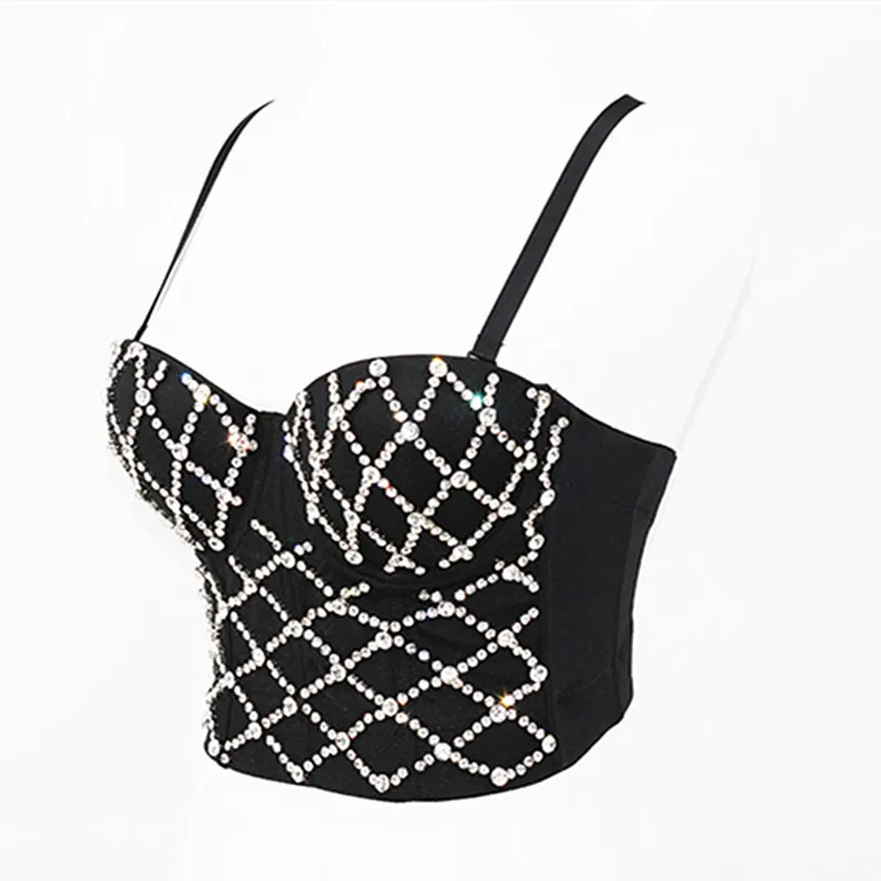 Bar Nightclub DJ Female Singer Party Rhinestones Bra Black Sparkly Crystals Stones Brassiere Corsets Sling Crops Tops Beads Bra