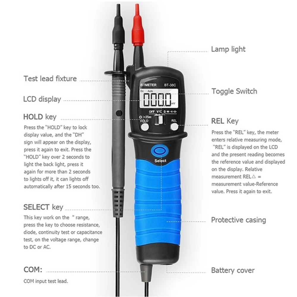 BTMETER BT-38C Pen Type Digital Portable Multimeter Multi-tester Handheld 6000 Counts for AC DC Voltage,Resistance,Capacitance