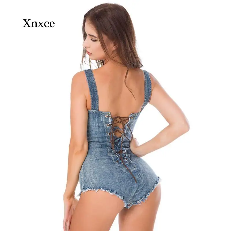 Mùa Hè Mới Spaghetti Dây Đeo Quần Jean Jumpsuitskorean Dạo Phố Đơn Ngực Mỏng Playsuits Sexy Đi Biển Phong Cách Denim Bodysuits