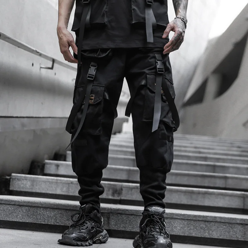 Homens Tactical Calças Cargo, Harajuku Streetwear, Função Corredores, Calças Fitas, Elástico na Cintura, Masculino Hip Hop