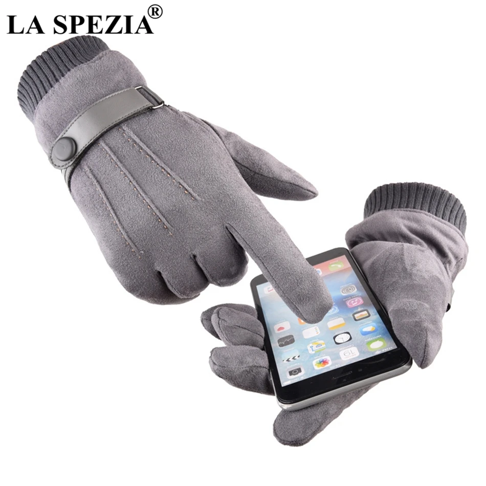 LA SPEZIA Men Gloves Winter Touch Screen Suede Gloves With Belt Navy Blue Casual Thermal Male Thick Leather Gloves Man Windproof