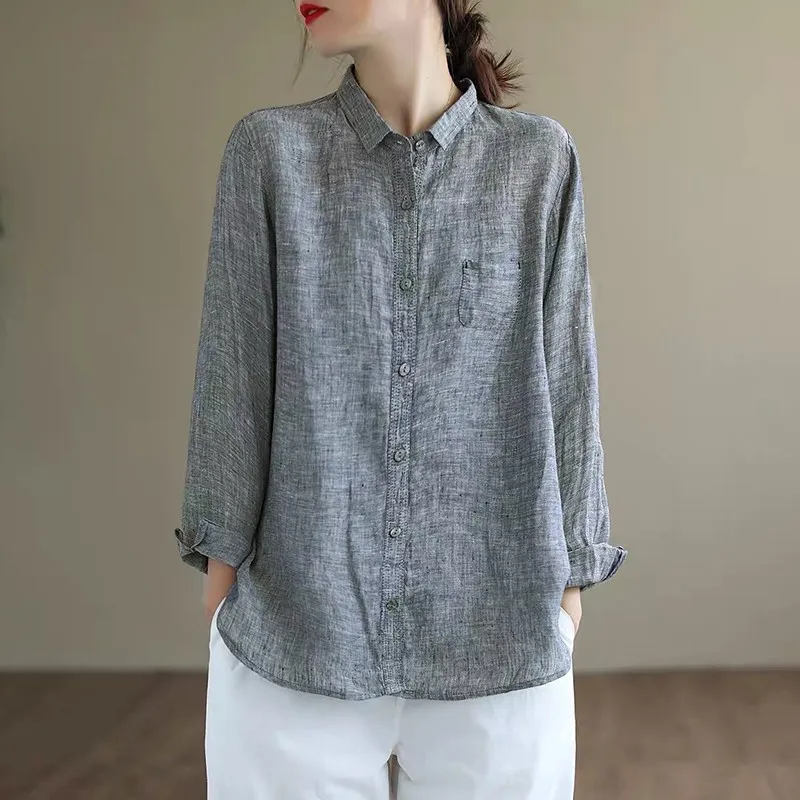 Women Cotton Linen Casual Shirt New Arrival 2021 Autumn Vintage Style Solid Color Loose Ladies Long Sleeve Elegant Tops B1139