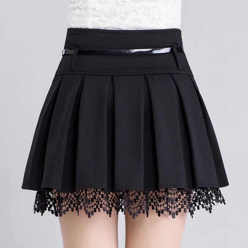 

Office Black Skirt Spring Autumn High Waist Pleated Womens Skirts Elegant Fashion Korean Lace Short Skirt Plus Size 3XL