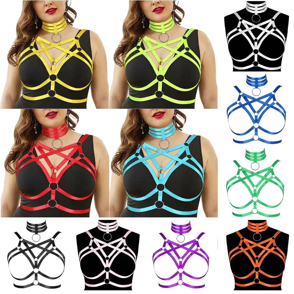 

Collar Large Size Harness Busty Women Fetish Cage Bra Sexy Lingerie Punk Goth Rave Wear Erotic Accessories Bondage Garters Belt