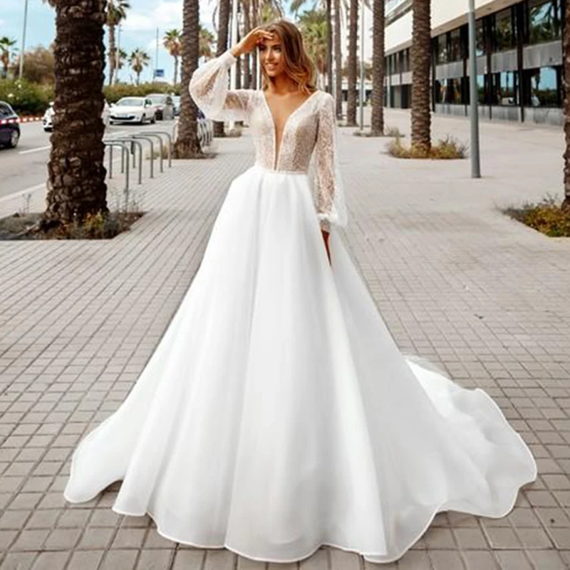 2022 abiti da sposa bohémien Sexy scollo A V una linea di pizzo Glitter abito da sposa da spiaggia Plus Size abiti da sposa Boho su misura