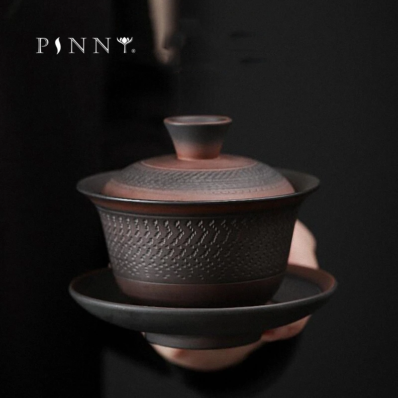 PINNY 220ML Purple Pottery Vintage Gaiwan Ceramic Jump Knife Process Tea Tureen Pigmented Kung Fu Drinkware