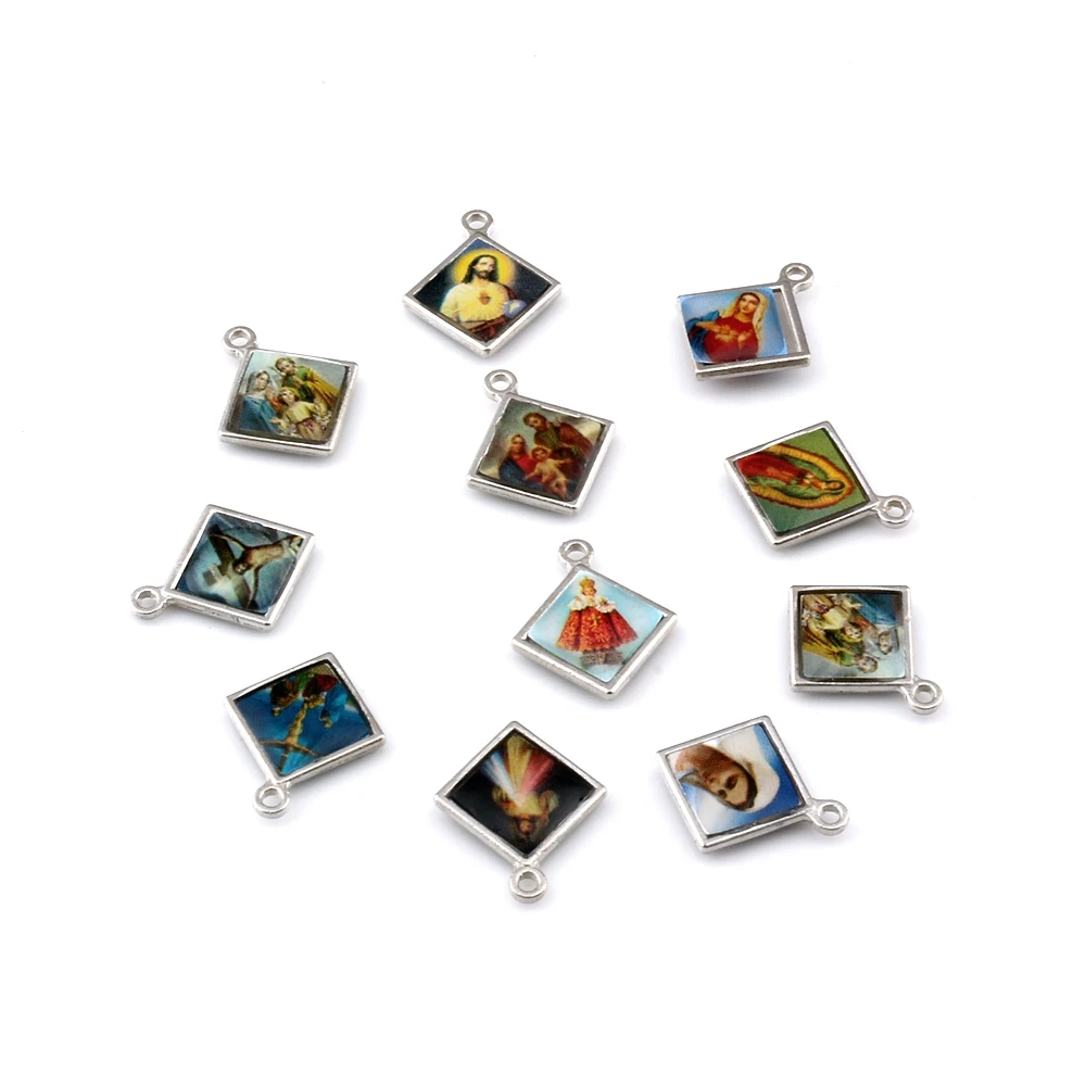 100Pcs Mixed Enamel Square Jesus Christ Icon Cross Religious Charm Beads Jewelry DIY 13.2x16mm A-380