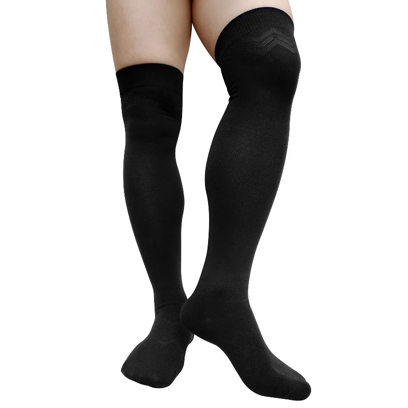 Calcetines largos por encima de la rodilla para hombre, medias sexys transpirables de algodón, medias formales, color negro