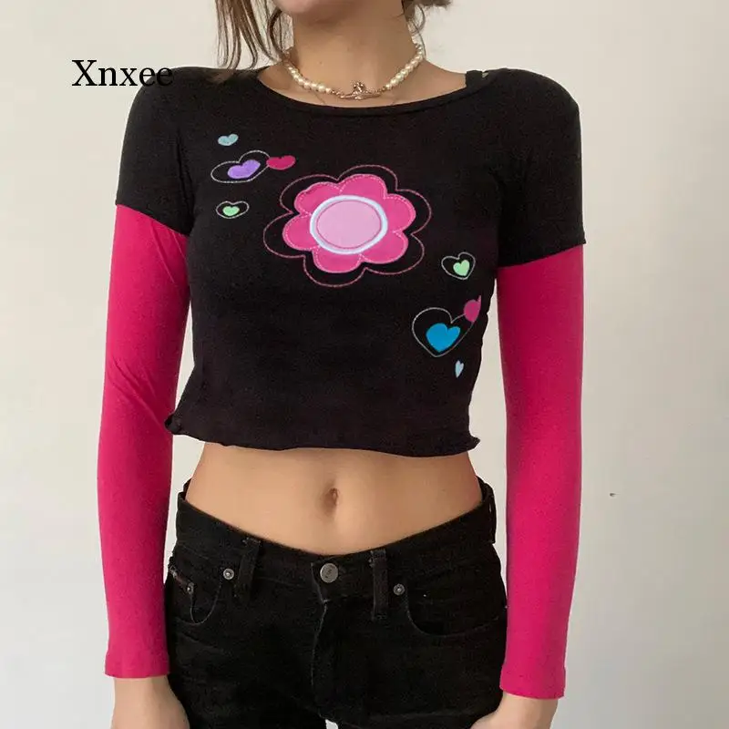 Fake 2 Pieces Contrast Color Y2K Crop Tops Women 2021 Hot O-Neck Long Sleeve Casual t Shirt Tee Shirt Femme Streetwear Clothing