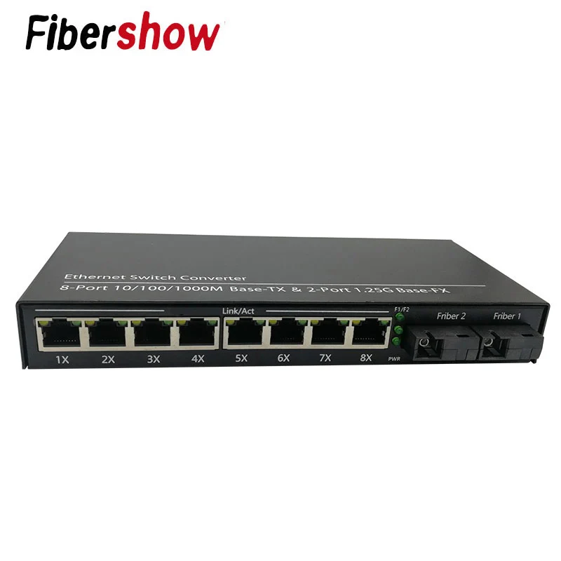 Fiber Optical Media Converter Gigabit Ethernet switch 8 RJ45 UTP and 2 SC fiber Port 10/100/1000M