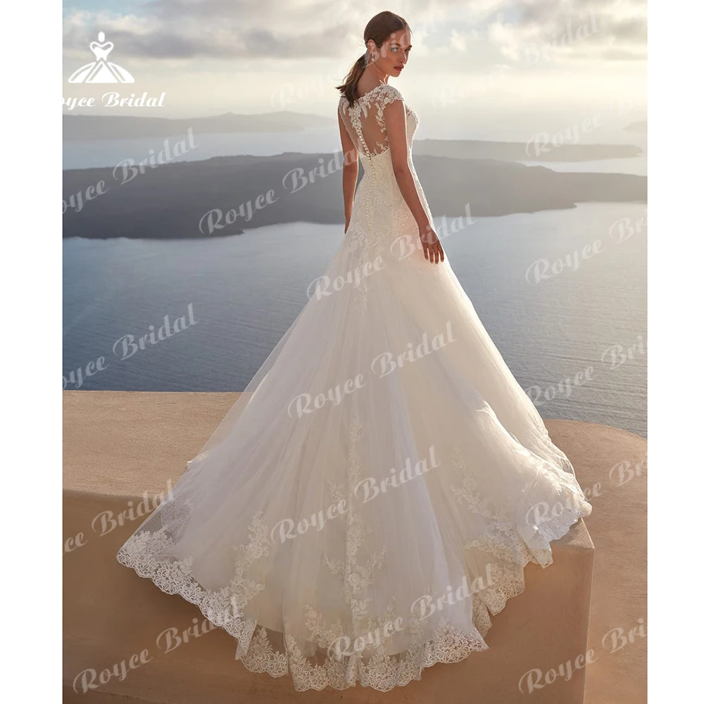 Elegant V-neck Lace Button A line Wedding Dresses 2022 Tulle Bridal Gown Sweep Short Cap Sleeve Floor-Length Appliques платье