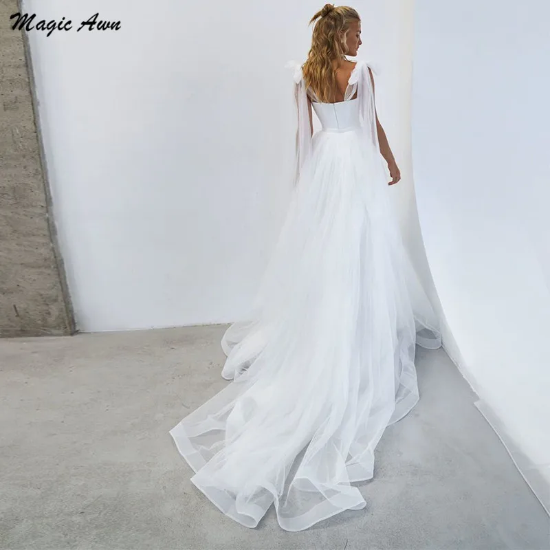 Magic Awn Simple White Tulle Wedding Dresses Boho Bow Spaghetti Straps A-Line Beach Wedding Party Gowns Abito Da Sposa 2024