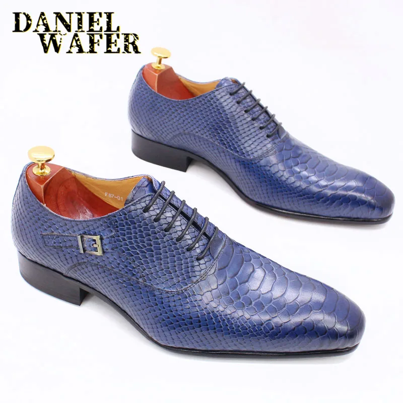 Modische Herren-Lederschuhe mit Schlangenhaut-Aufdruck, klassische Schnürung, Oxford, formell in Wein, Blau, Kaffee, Schwarz – spitze Zehenpartie – Detail 24
