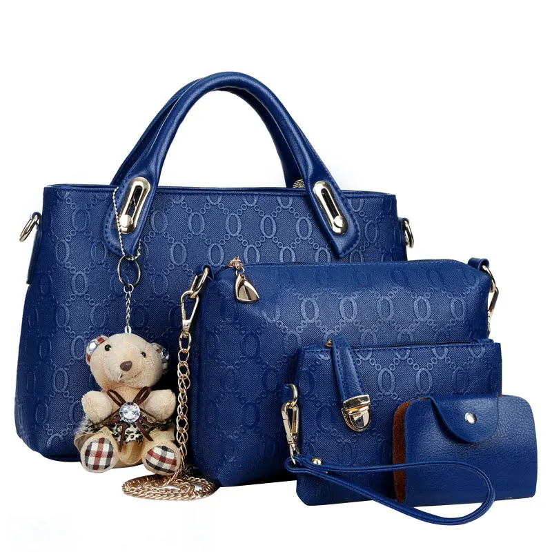 Bolso de hombro con colgante de oso para mujer, bolso de mensajero informal de cuero PU, a la moda, elegante, 4 piezas por juego